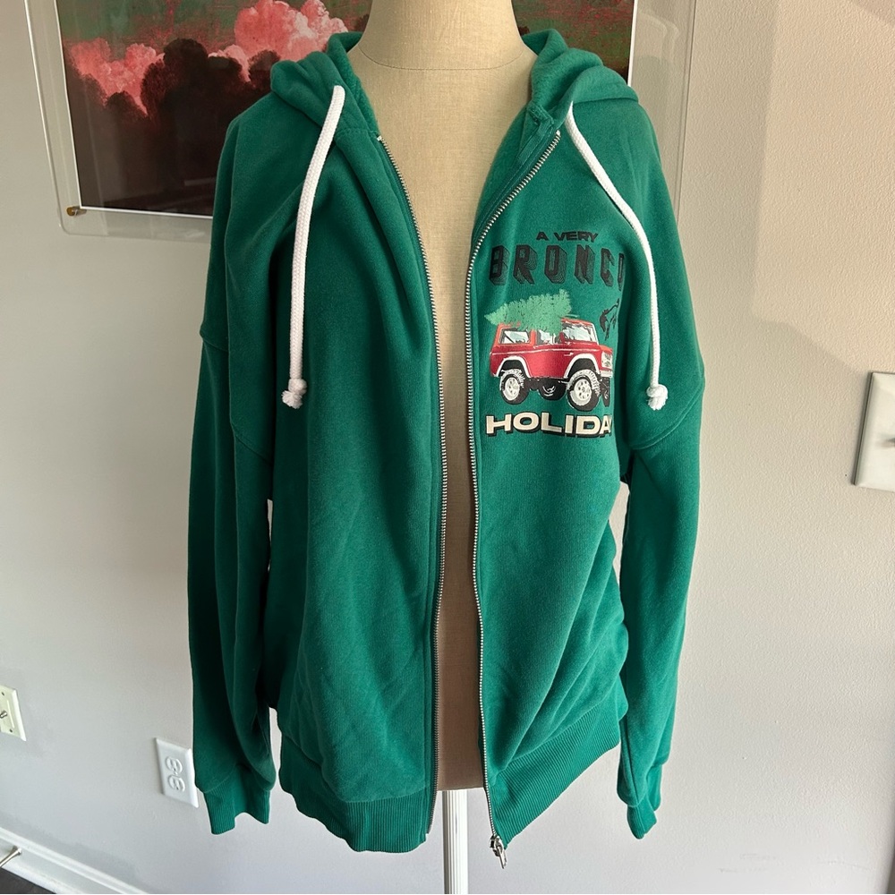 Ford Bronco Christmas Hoodie A Very Bronco Holiday Green Zip Up Size M NWT